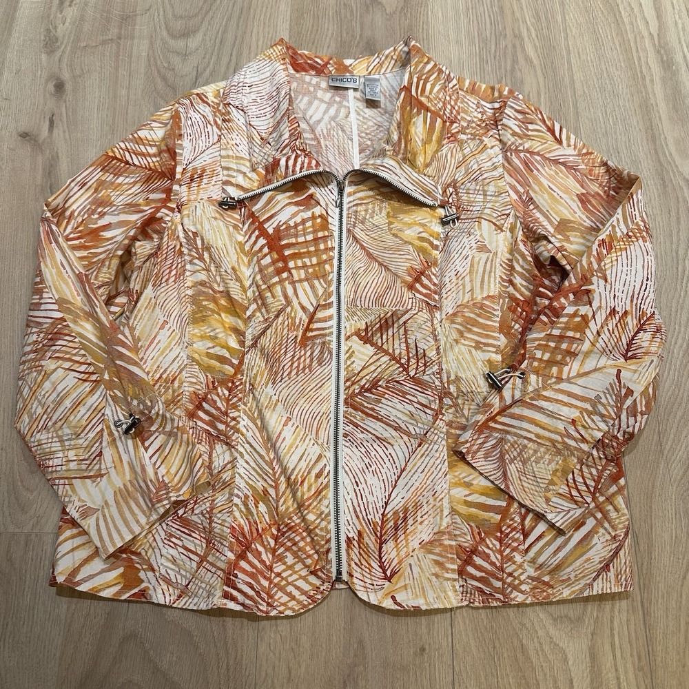 Chicos Jacket Womens 3 Extra Large Orange Tropical Jacket Cruise Vacation EUC